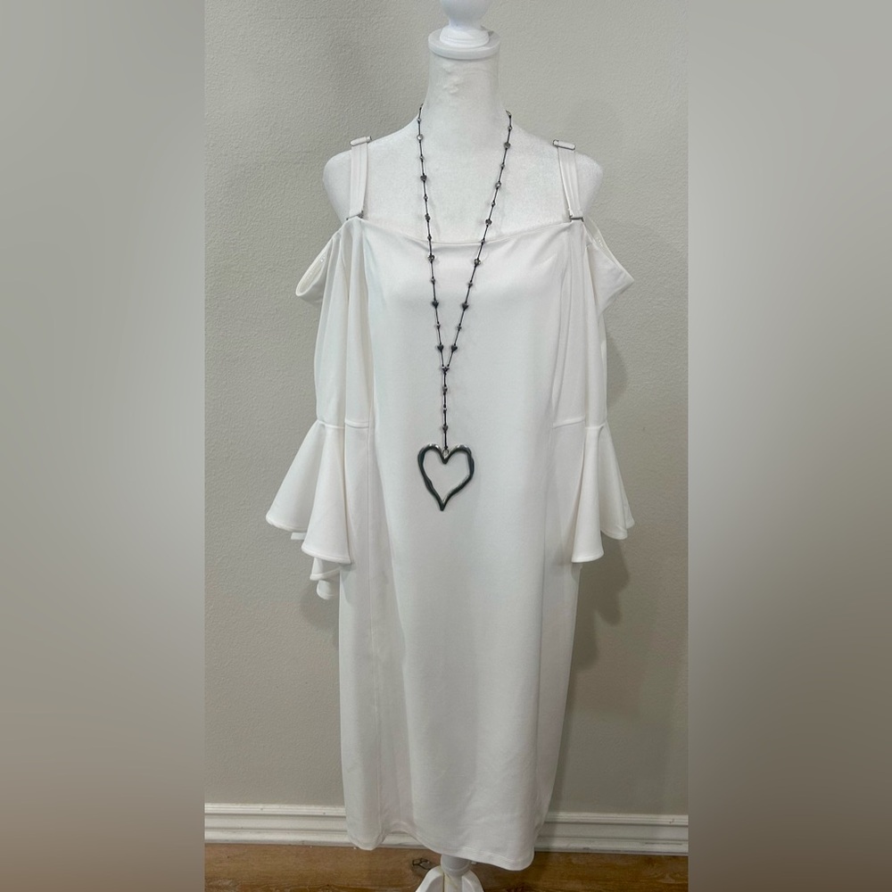 🤍”R & M Richards” NWOT White Cold-Shoulder Midi Dress w/Ruffled Sleeves - Picture 7 of 14